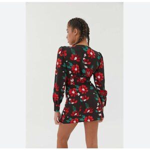 NWT U0 MICHELLE BLACK RED FLORAL LONG SLEEVE V-NECK BUTTON FRONT  MINI DRESS